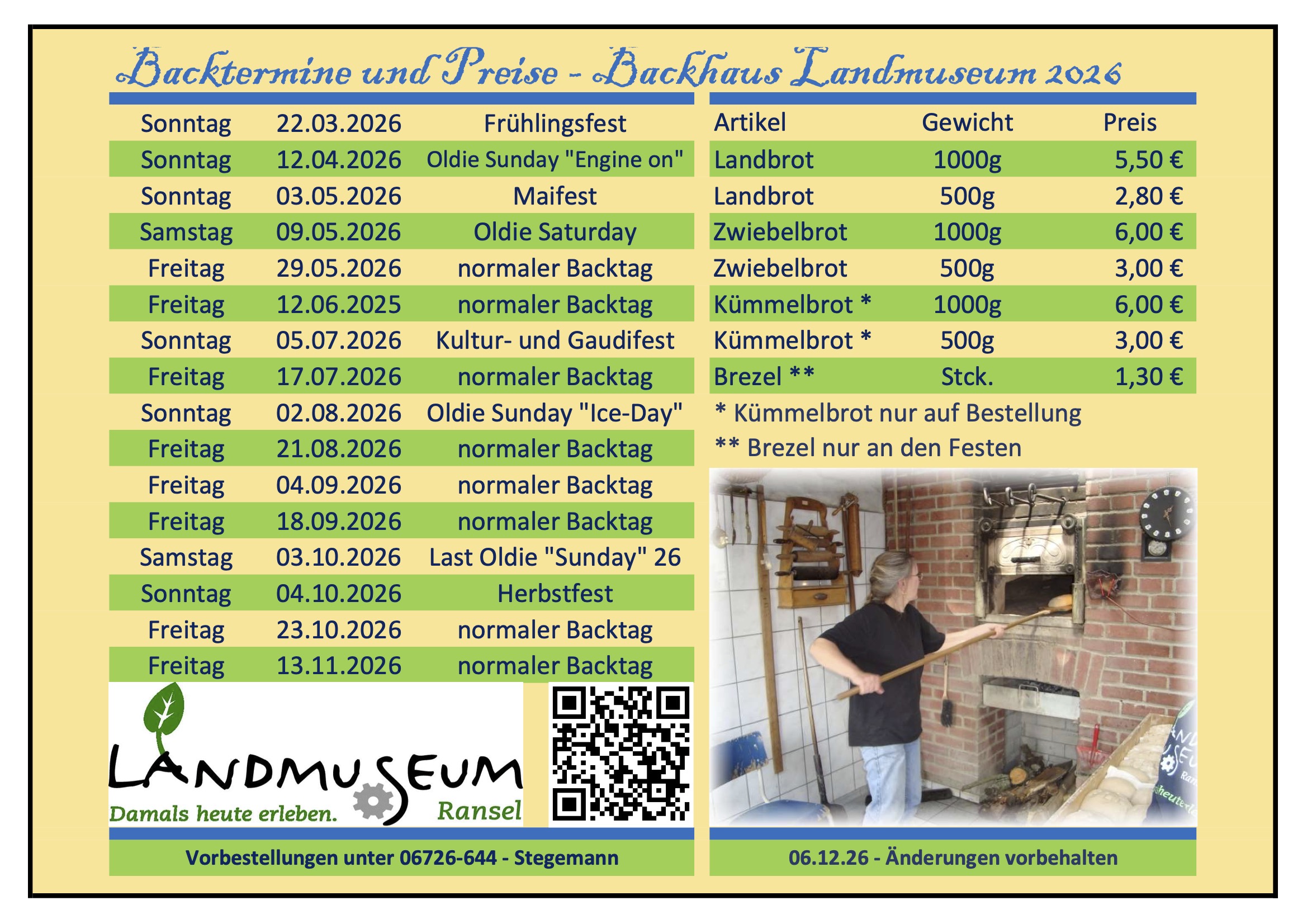 Backtermine und Preisliste 2026